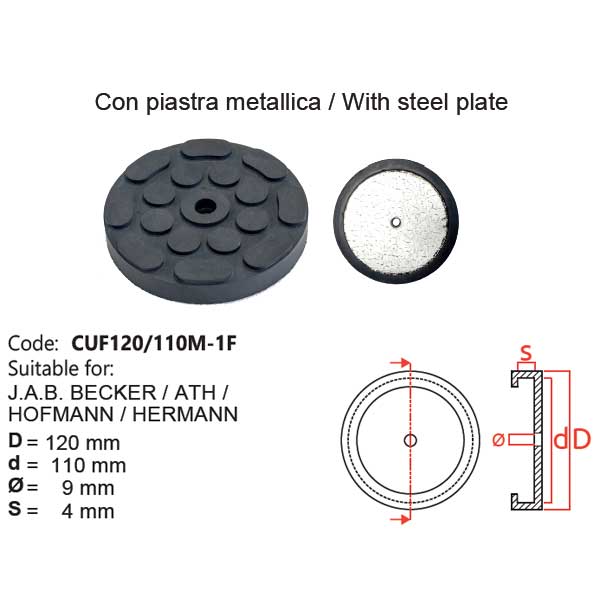 Tampone a cuffia con piastra metallica - CUF120/110M-1F - Per sollevatori modello: J.A.B. BECKER, ATH, HOFMANN, HERMANN, TWIN BUSCH Tampone a cuffia con piastra metallica - CUF120/110M-1F - Per sollevatori modello: J.A.B. BECKER, ATH, HOFMANN, HERMANN, TWIN BUSCH
